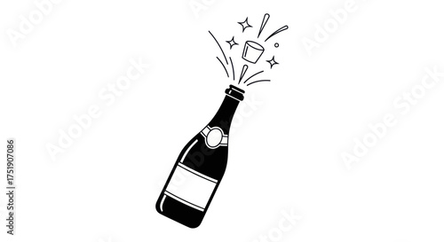 Hand-drawn champagne bottle popping with cork and celebratory sparkles.
