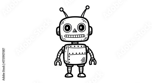 Whimsical Hand-Drawn Robot Character with Antennae and Riveted Body.