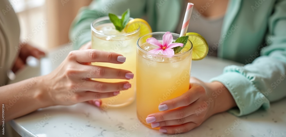 Fototapeta premium Women with pastel nails hold refreshing drinks with mint, lemon slices. Two friends relax at chic salon with iced beverages. Enjoying leisure time sipping cocktails, feeling pampered, refreshed.