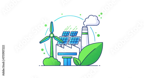 Illustration of Renewable Energy Sources and Sustainable Power Plant.