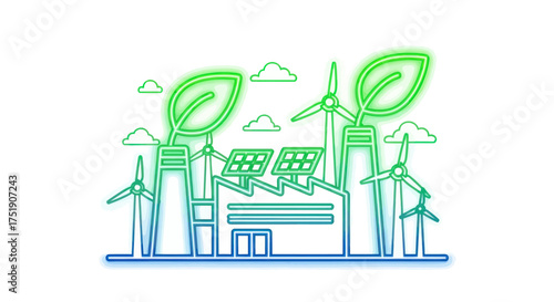 Eco-friendly factory with green energy sources featuring solar panels wind turbines and leaf-shaped chimneys.