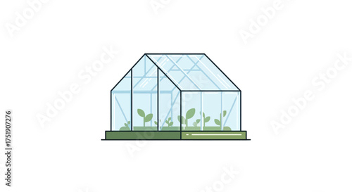 Modern glass greenhouse illustration with growing plants inside.