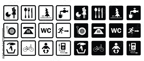 Set of public relation icons and symbols. Service icons, communication, people, transport, water tap, cristmas tree, baby stroller, pump petrol and more. Vector illustration.