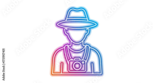 Neon Outline Icon of a Photographer or Traveler with Hat and Camera.
