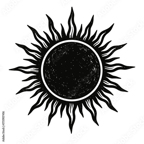 Striking Black Sun Illustration: Hand-drawn textured celestial symbol featuring a minimalist yet powerful design with jagged, distressed rays. Ideal for mystical, occult, pagan, spiritual, astrologica