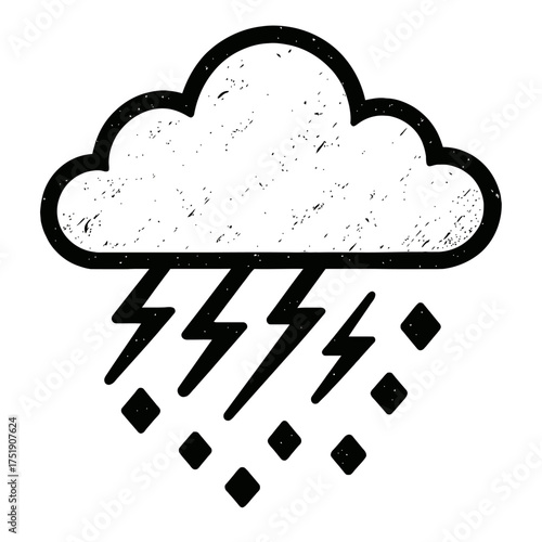 Distressed Weather Icon: Grungy Black & White Cloud with Striking Lightning Bolts and Falling Hail/Ice Pellets Symbolizing Severe Storms, Bad Weather, Natural Forces, and Atmospheric Phenomena, Ideal