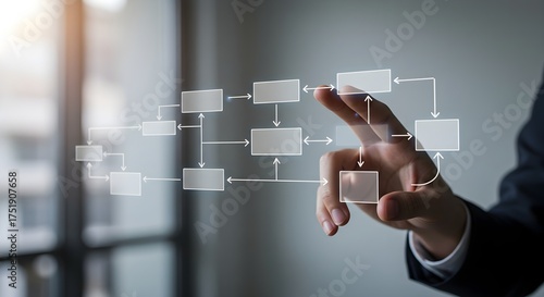 Business professional engaging with a futuristic holographic flowchart, visualizing complex data and optimizing strategic processes to drive operational efficiency and growth