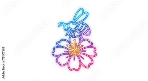 Colorful Neon Bee on Flower Illustration.