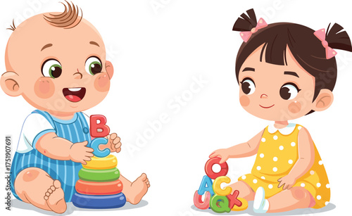 Cute baby boy and girl playing with colorful alphabet stacking toys, early learning, preschool education, childhood development, nursery illustration concept