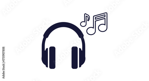 Dark Silhouette Headphones with Floating Music Notes Icon.