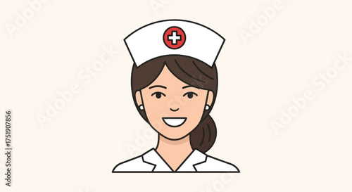Friendly cartoon nurse wearing a white cap with a red cross emblem.
