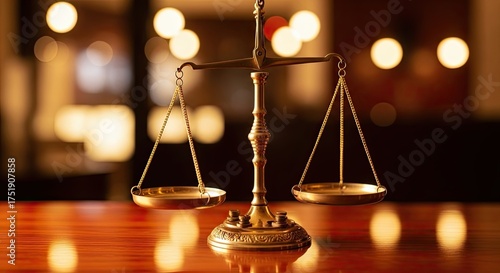 Symbol of Justice and Law Scales on a Wooden Table