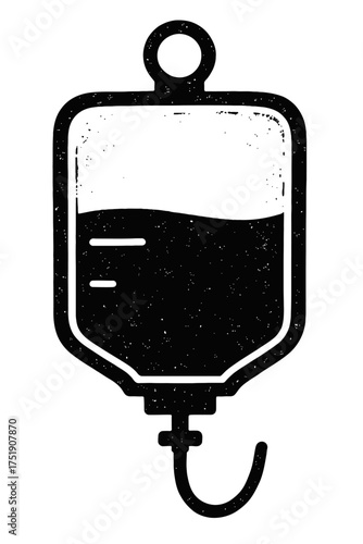 Black and white distressed illustration of a medical intravenous (IV) fluid bag, partially filled with vital liquid, commonly used for patient hydration, medication delivery, or blood transfusions in