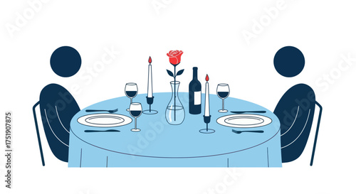 Romantic Dinner Table Setting for Two with Wine and Rose.