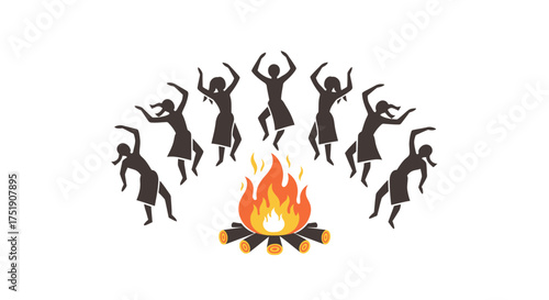 Silhouetted Figures Dancing Around a Campfire at Night.