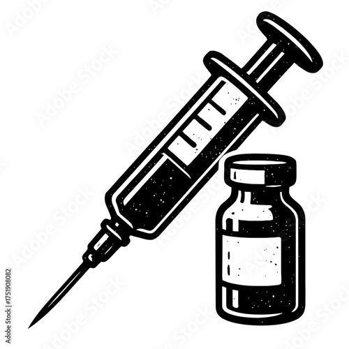 Black and white distressed illustration of a medical syringe with a sharp needle alongside a glass vial containing liquid medicine, ready for injection. Ideal for healthcare, vaccination, pharmacy, an