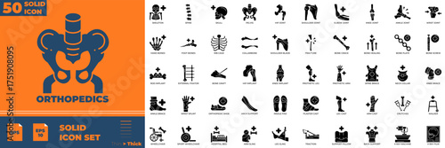 Orthopedics Solid editable icon set. Contain icons related to orthopedics, bone, joint, and more