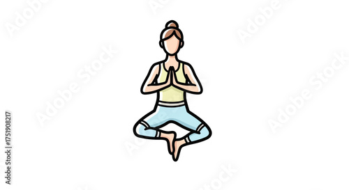 Cartoon Woman Meditating in Yoga Pose with Prayer Hands.