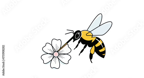 Cartoon Bee Hovering Near White Flower Pollinating.