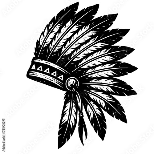 Bold Black & White Native American War Bonnet Illustration. Iconic feathered headdress with traditional tribal patterns, symbolizing Indigenous heritage, leadership, and spiritual significance. Perfec