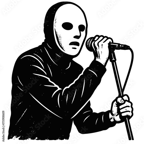 Stark black and white illustration: an anonymous vocalist in dark attire and a blank white mask, intensely gripping a microphone on a stand during an enigmatic live performance, conveying hidden ident