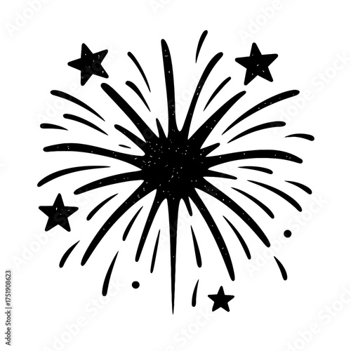 Detailed Hand-Drawn Festive Firework Illustration with Exploding Stars and Sparkles, Ideal for Celebration Designs, New Year's Eve Graphics, Party Invitations, and Event Decorations - High-Quality Bla