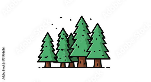 A cluster of stylized green pine trees with brown trunks.