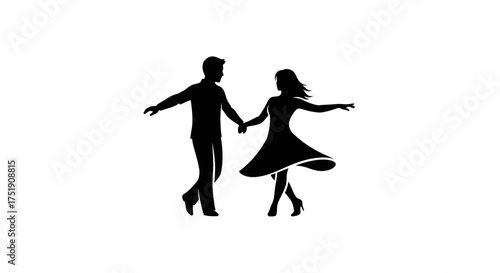 Silhouette of a couple dancing joyfully holding hands with arms outstretched.