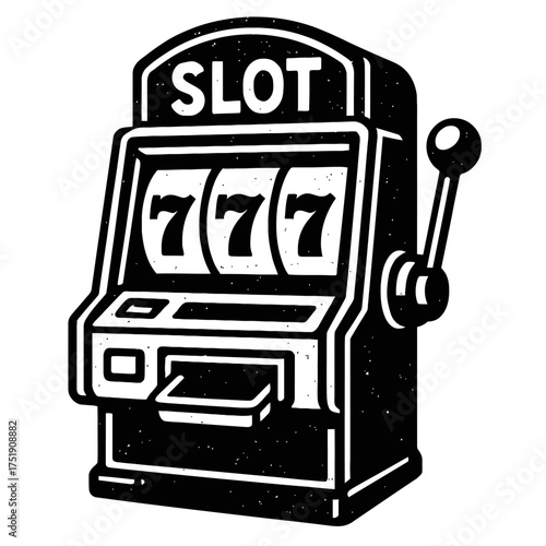 Classic One-Armed Bandit Slot Machine Illustration Featuring a Perfect Jackpot Win with Lucky Sevens. A Detailed Vintage Retro Style Graphic Art Depicting Gambling, Fortune, Success, and Casino Excite