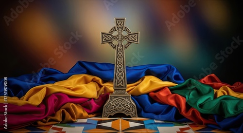 Ornate Celtic Cross Symbolizing Faith and Heritage Amidst Colorful Fabrics