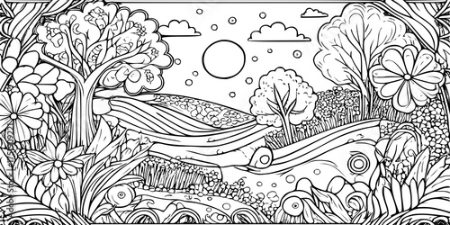 Vector landscape coloring page. Beautiful countryside scenery with trees, fields, sun, and clouds. Black and white outline illustration for kids and adults coloring books, printable worksheets 