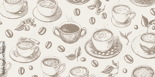 Seamless coffee pattern. Hand-drawn sketch illustration of coffee cups, beans, and leaves on a light background. Vintage coffee shop design, elegant café wallpaper, textile or packaging pattern. Retro