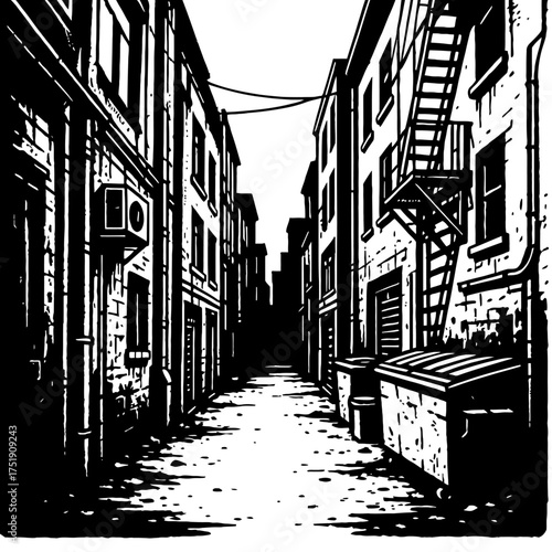 Gritty black and white urban alleyway illustration. Tall buildings, fire escapes, and AC units line the narrow path, with dumpsters. High-contrast, comic book style artwork captures a desolate, moody