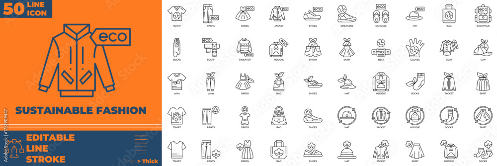 Naklejka premium Sustainable Fashion Line editable icon set. Contain icons related to sustainable, fashion, eco, green, and more