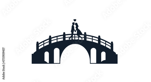 Silhouette of a couple embracing on a decorative arched bridge with a heart above.