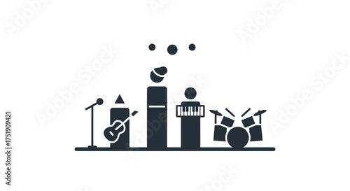 Minimalist Music Band Illustration with Instruments and Performers.