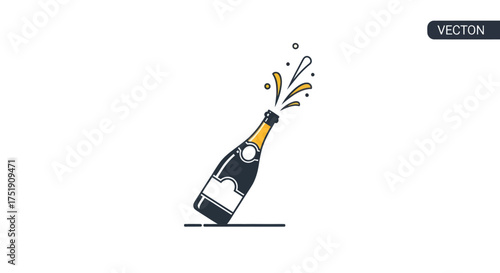Champagne bottle with celebratory spray of bubbles and liquid.