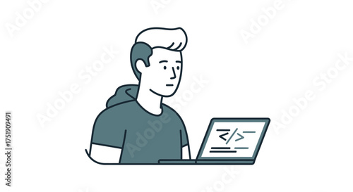 Minimalist line art illustration of a young man coding on a laptop a programmer at work.