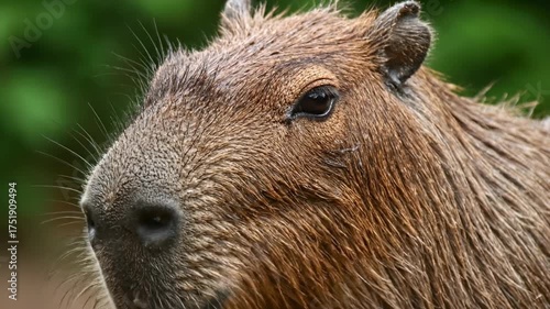 Wallpaper Mural Capybara looking directly at camera with serene expression in a lush green environment. Subtle details highlight fur texture and facial features. Concept of wildlife, nature education, exotic pets Torontodigital.ca
