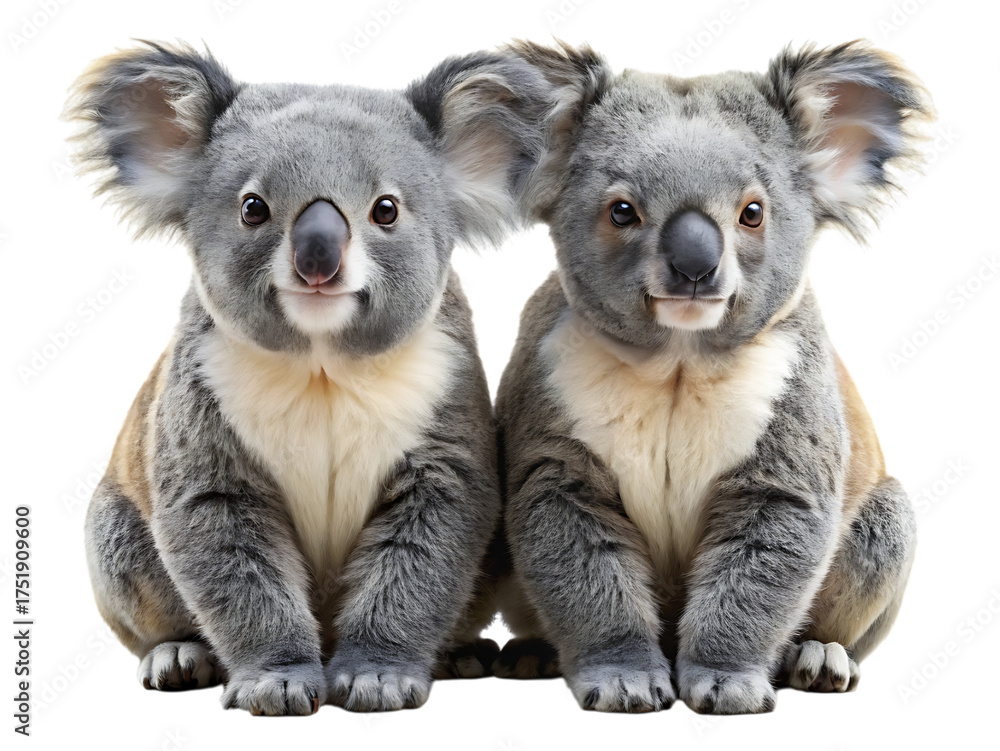 Fototapeta premium Two adorable baby koalas wearing matching outfits sitting together side-by-side detailed studio portrait