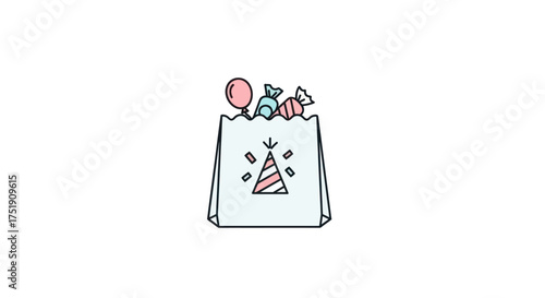 Festive party bag filled with colorful candies and balloon.