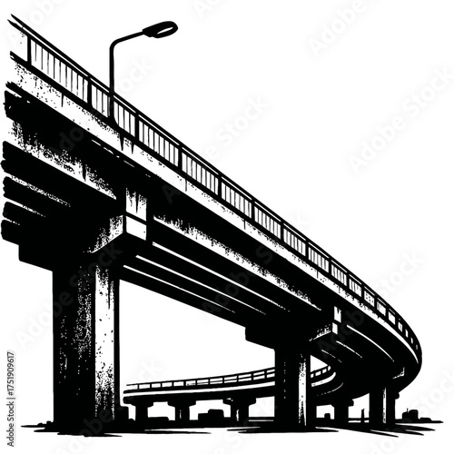 Striking B&W vector of urban highway overpass. Multi-layered elevated roads on sturdy concrete pillars depict complex city transportation infrastructure and modern architecture. Low-angle view emphasi