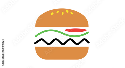 Simple Burger Icon with Sesame Seeds and Stylized Ingredients.