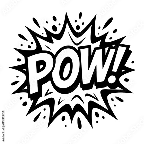 Dynamic 'POW!' Comic Book Style Sound Effect Illustration in Classic Black and White Pop Art Burst Design with Explosive Energy and Bold Lettering, Perfect for Action-Themed Graphics and Retro Designs