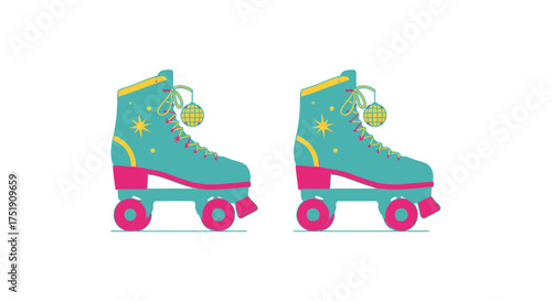 Retro Teal and Pink Roller Skates with Yellow Accents.