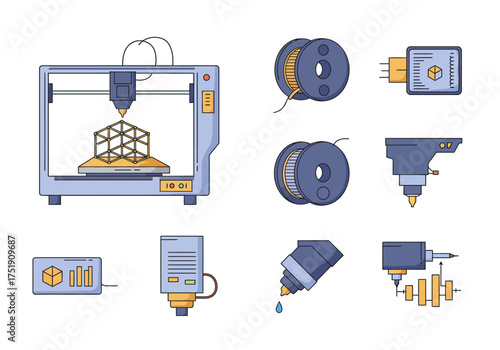 3D Printer Icons Collection Design and Innovation Elements
