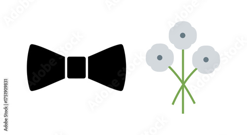Simple Black Bow Tie and Delicate White Flower Bouquet Icon.