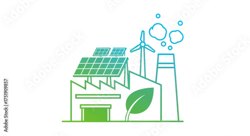 Eco-friendly factory with solar panels wind turbine and smokestack illustration.