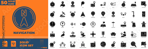 Navigation Solid editable icon set. Contain icons related to navigation, map, gps, route, and more