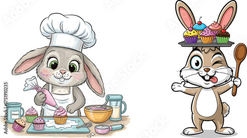 Cute cartoon bunny chefs decorating cupcakes, baking dessert, holding spoon and tray, adorable rabbit pastry cook illustration for kids, bakery concept
